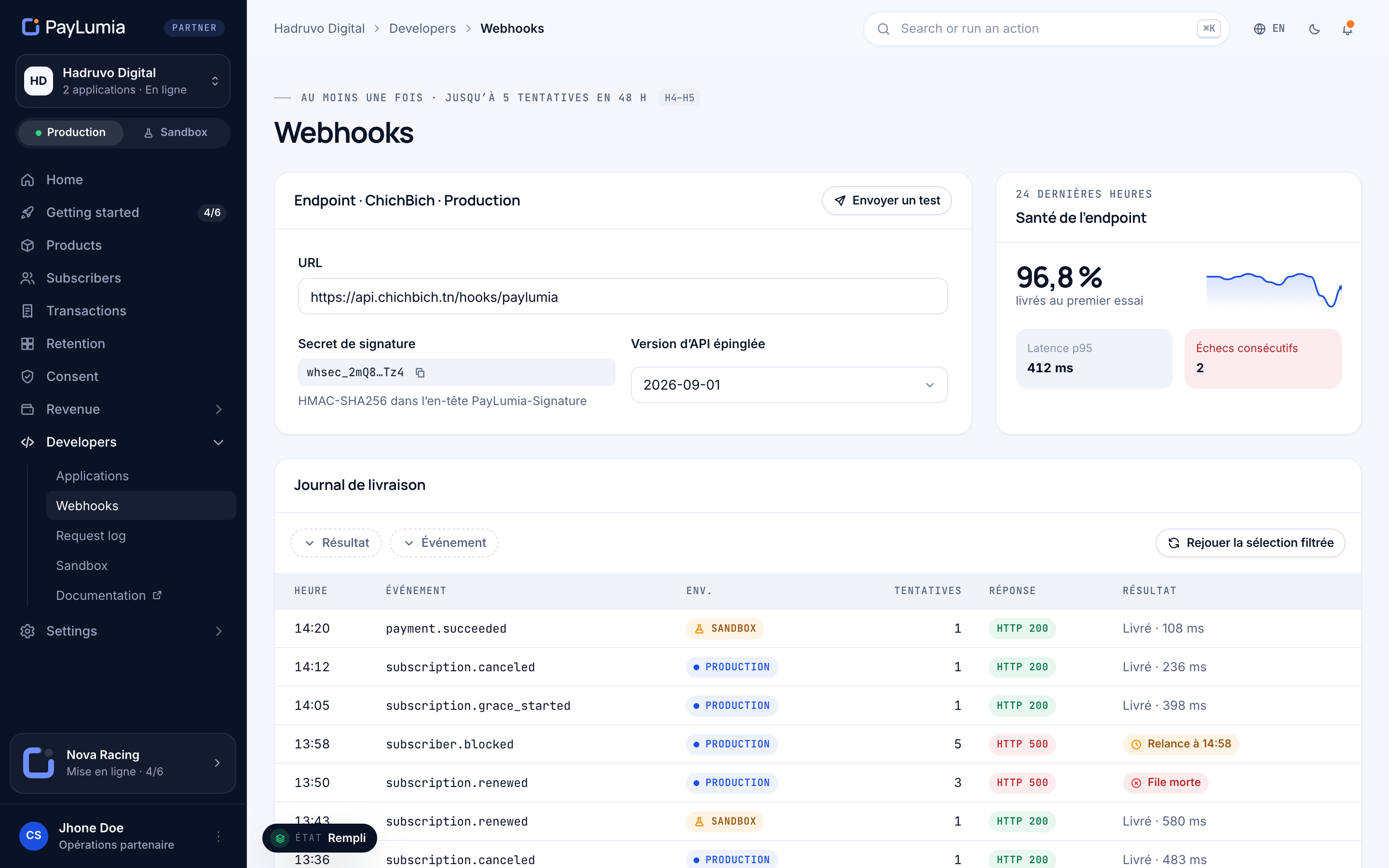 Partner console — webhook endpoint and signing secret